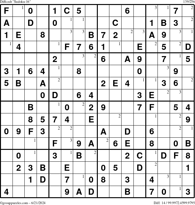 The grouppuzzles.com Difficult Sudoku-16 puzzle for Friday June 21, 2024 with the first 3 steps marked