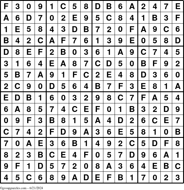 The grouppuzzles.com Answer grid for the Sudoku-16 puzzle for Friday June 21, 2024