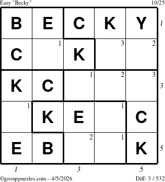 The grouppuzzles.com Easy Becky puzzle for Sunday April 5, 2026, suitable for printing, with all 3 steps marked