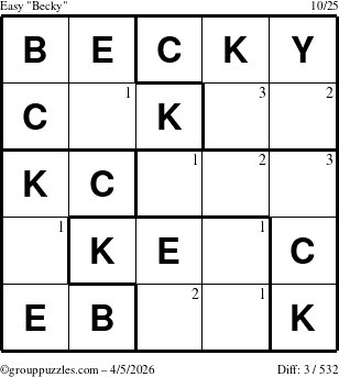 The grouppuzzles.com Easy Becky puzzle for Sunday April 5, 2026 with the first 3 steps marked