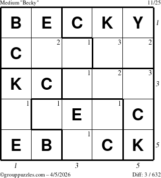 The grouppuzzles.com Medium Becky puzzle for Sunday April 5, 2026, suitable for printing, with all 3 steps marked