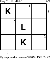 The grouppuzzles.com Easy TicTac-JKL puzzle for Sunday April 5, 2026, suitable for printing, with all 2 steps marked