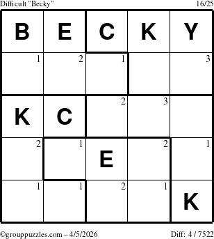 The grouppuzzles.com Difficult Becky puzzle for Sunday April 5, 2026 with the first 3 steps marked