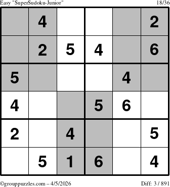 The grouppuzzles.com Easy SuperSudoku-Junior puzzle for Sunday April 5, 2026