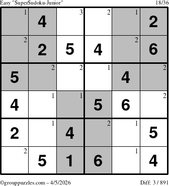 The grouppuzzles.com Easy SuperSudoku-Junior puzzle for Sunday April 5, 2026 with the first 3 steps marked