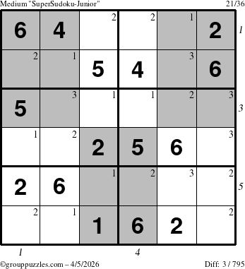 The grouppuzzles.com Medium SuperSudoku-Junior puzzle for Sunday April 5, 2026 with all 3 steps marked