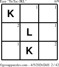 The grouppuzzles.com Easy TicTac-JKL puzzle for Sunday April 5, 2026 with the first 2 steps marked