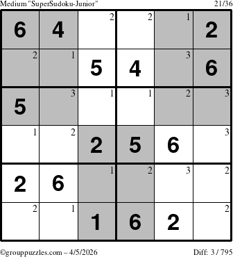 The grouppuzzles.com Medium SuperSudoku-Junior puzzle for Sunday April 5, 2026 with the first 3 steps marked
