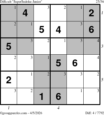 The grouppuzzles.com Difficult SuperSudoku-Junior puzzle for Sunday April 5, 2026 with all 4 steps marked