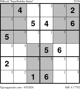 The grouppuzzles.com Difficult SuperSudoku-Junior puzzle for Sunday April 5, 2026 with the first 3 steps marked