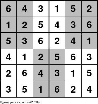 The grouppuzzles.com Answer grid for the SuperSudoku-Junior puzzle for Sunday April 5, 2026