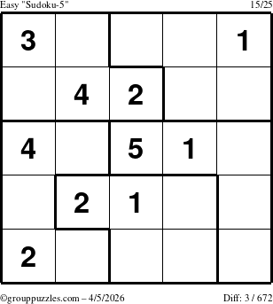 The grouppuzzles.com Easy Sudoku-5 puzzle for Sunday April 5, 2026