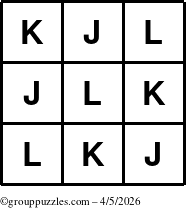 The grouppuzzles.com Answer grid for the TicTac-JKL puzzle for Sunday April 5, 2026