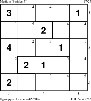 The grouppuzzles.com Medium Sudoku-5 puzzle for Sunday April 5, 2026 with all 5 steps marked