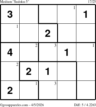 The grouppuzzles.com Medium Sudoku-5 puzzle for Sunday April 5, 2026 with the first 3 steps marked
