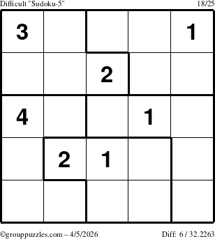 The grouppuzzles.com Difficult Sudoku-5 puzzle for Sunday April 5, 2026