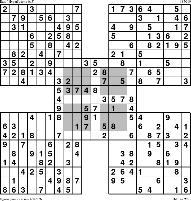 The grouppuzzles.com Easy HyperSudoku-by5 puzzle for Sunday April 5, 2026