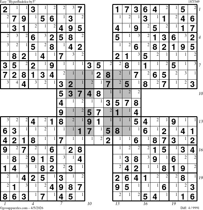 The grouppuzzles.com Easy HyperSudoku-by5 puzzle for Sunday April 5, 2026, suitable for printing, with all 4 steps marked