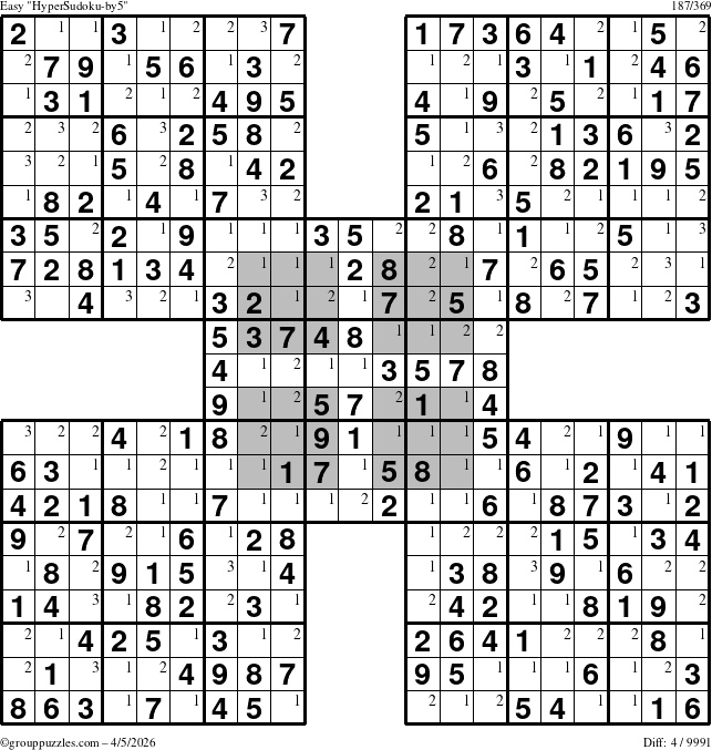 The grouppuzzles.com Easy HyperSudoku-by5 puzzle for Sunday April 5, 2026 with the first 3 steps marked