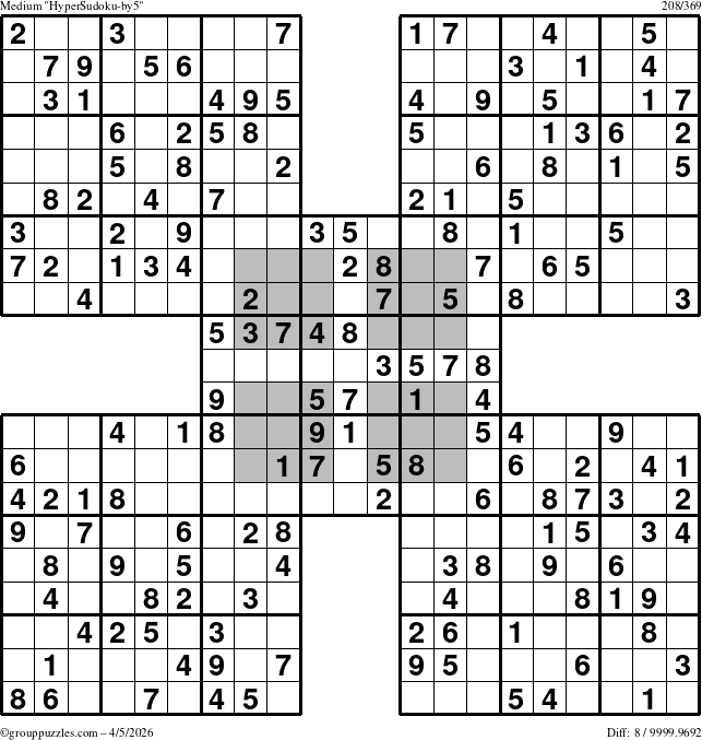 The grouppuzzles.com Medium HyperSudoku-by5 puzzle for Sunday April 5, 2026