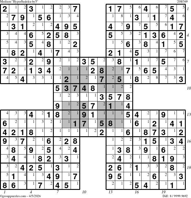 The grouppuzzles.com Medium HyperSudoku-by5 puzzle for Sunday April 5, 2026, suitable for printing, with all 8 steps marked