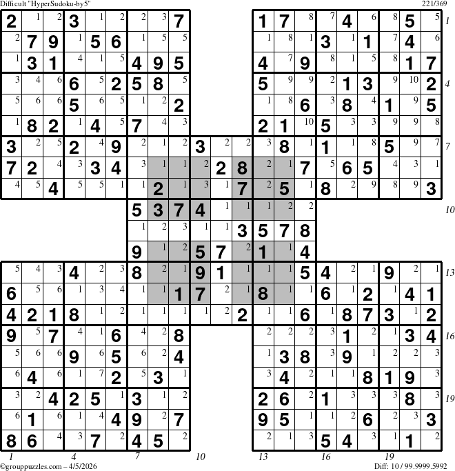 The grouppuzzles.com Difficult HyperSudoku-by5 puzzle for Sunday April 5, 2026 with all 10 steps marked