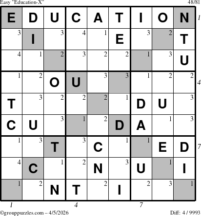 The grouppuzzles.com Easy Education-X puzzle for Sunday April 5, 2026, suitable for printing, with all 4 steps marked