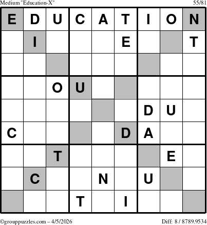 The grouppuzzles.com Medium Education-X puzzle for Sunday April 5, 2026