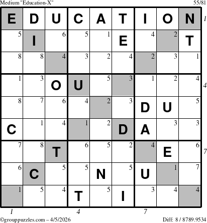 The grouppuzzles.com Medium Education-X puzzle for Sunday April 5, 2026 with all 8 steps marked