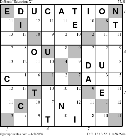 The grouppuzzles.com Difficult Education-X puzzle for Sunday April 5, 2026, suitable for printing, with all 13 steps marked
