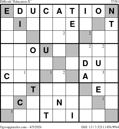 The grouppuzzles.com Difficult Education-X puzzle for Sunday April 5, 2026 with the first 3 steps marked