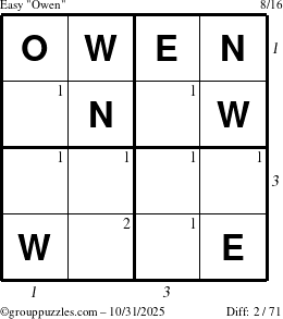 The grouppuzzles.com Easy Owen puzzle for Friday October 31, 2025 with all 2 steps marked