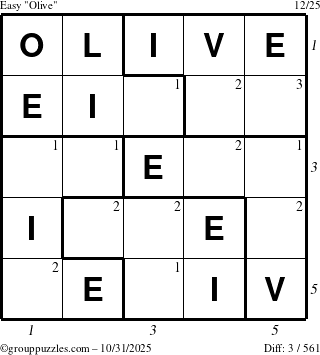 The grouppuzzles.com Easy Olive puzzle for Friday October 31, 2025 with all 3 steps marked