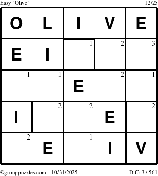 The grouppuzzles.com Easy Olive puzzle for Friday October 31, 2025 with the first 3 steps marked