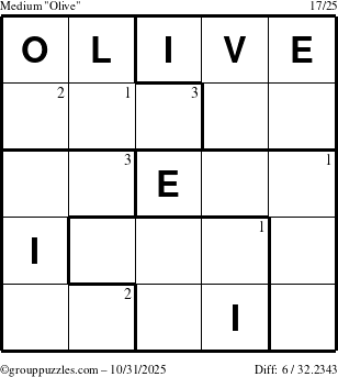 The grouppuzzles.com Medium Olive puzzle for Friday October 31, 2025 with the first 3 steps marked