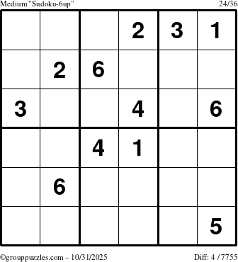 The grouppuzzles.com Medium Sudoku-6up puzzle for Friday October 31, 2025