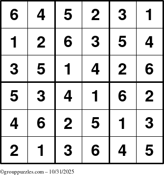 The grouppuzzles.com Answer grid for the Sudoku-6up puzzle for Friday October 31, 2025