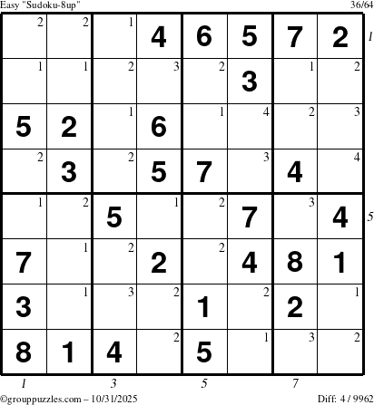 The grouppuzzles.com Easy Sudoku-8up puzzle for Friday October 31, 2025 with all 4 steps marked