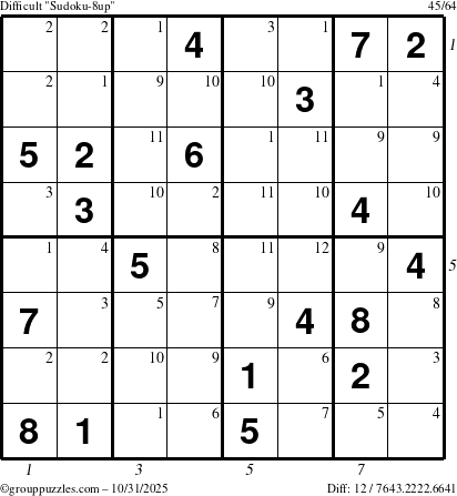 The grouppuzzles.com Difficult Sudoku-8up puzzle for Friday October 31, 2025 with all 12 steps marked