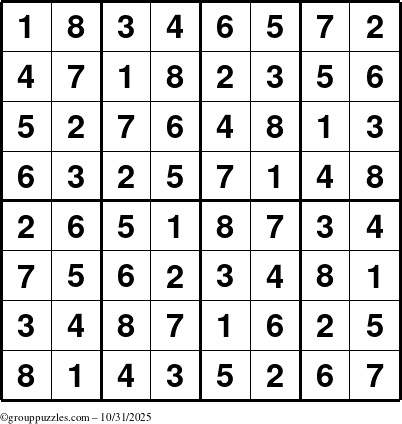 The grouppuzzles.com Answer grid for the Sudoku-8up puzzle for Friday October 31, 2025