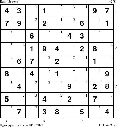 The grouppuzzles.com Easy Sudoku puzzle for Friday October 31, 2025 with all 4 steps marked
