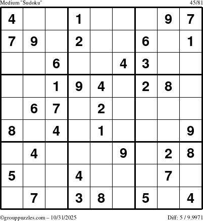 The grouppuzzles.com Medium Sudoku puzzle for Friday October 31, 2025