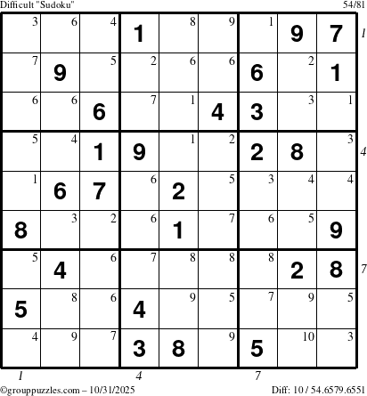 The grouppuzzles.com Difficult Sudoku puzzle for Friday October 31, 2025 with all 10 steps marked