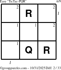 The grouppuzzles.com Easy TicTac-PQR puzzle for Friday October 31, 2025 with all 2 steps marked