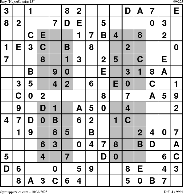 The grouppuzzles.com Easy HyperSudoku-15 puzzle for Friday October 31, 2025