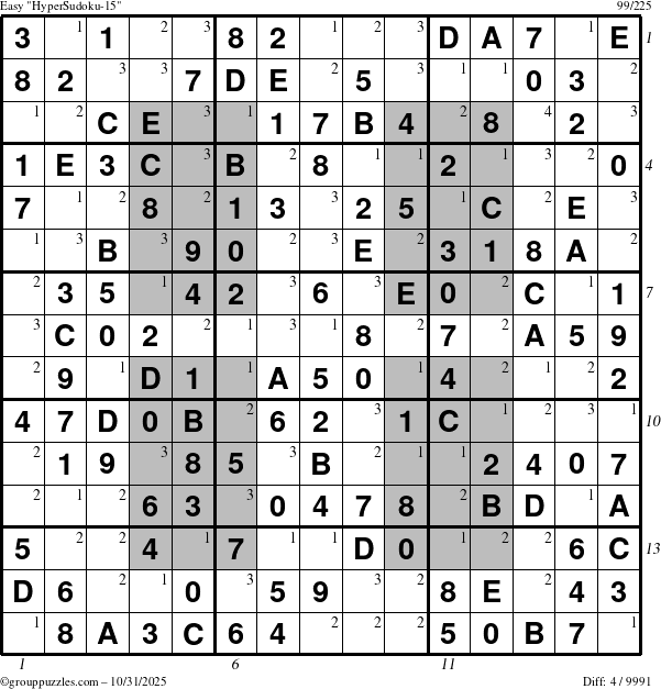The grouppuzzles.com Easy HyperSudoku-15 puzzle for Friday October 31, 2025, suitable for printing, with all 4 steps marked