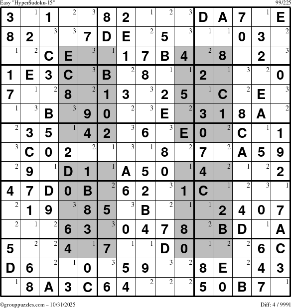 The grouppuzzles.com Easy HyperSudoku-15 puzzle for Friday October 31, 2025 with the first 3 steps marked