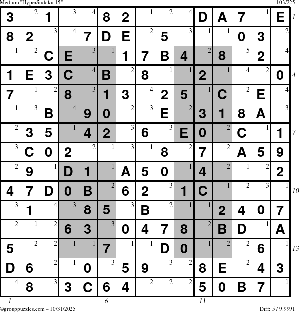 The grouppuzzles.com Medium HyperSudoku-15 puzzle for Friday October 31, 2025, suitable for printing, with all 5 steps marked