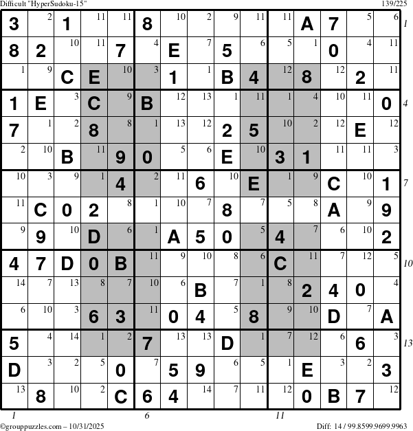 The grouppuzzles.com Difficult HyperSudoku-15 puzzle for Friday October 31, 2025 with all 14 steps marked