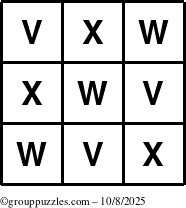 The grouppuzzles.com Answer grid for the TicTac-VWX puzzle for Wednesday October 8, 2025